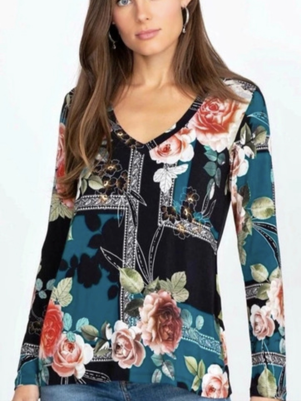 Johnny Was Rosabel Favorite Long Sleeve V-Neck Tee Floral Tunic Black & Blue